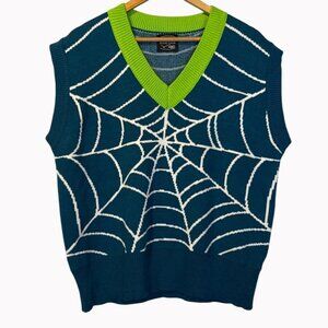 Steady Hands Jolyne Spider Web V-Neck Sweater Vest M/L Teal Neon Green Halloween